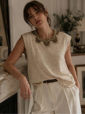 Vintage Marchessa Beaded Lambswool Blend Cream Size 8 Holiday Glam Top